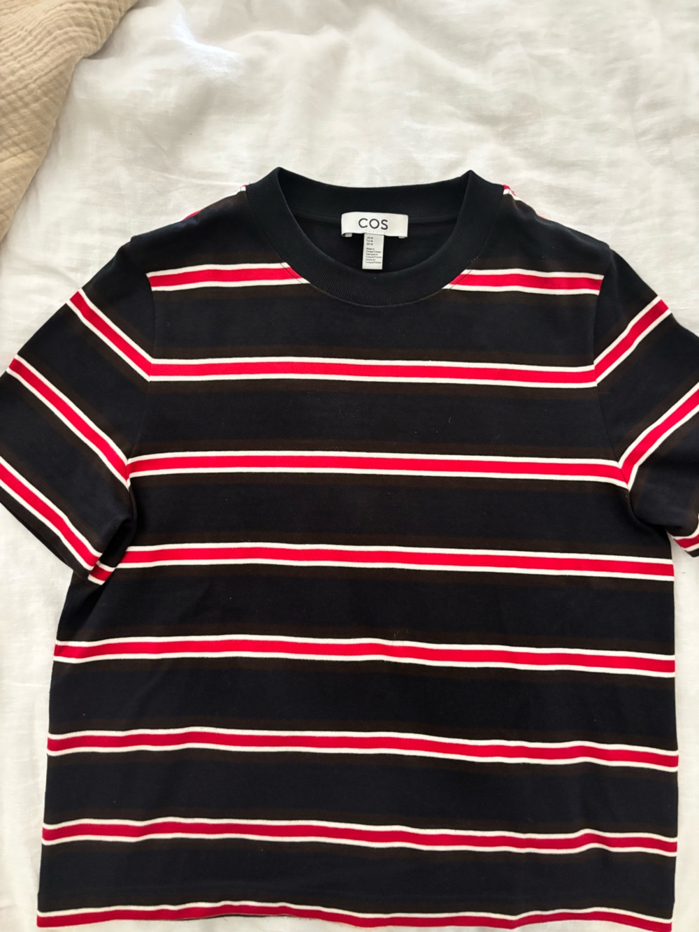 COS Navy Short Sleeve Shirt with Red, White and Brown Stripes